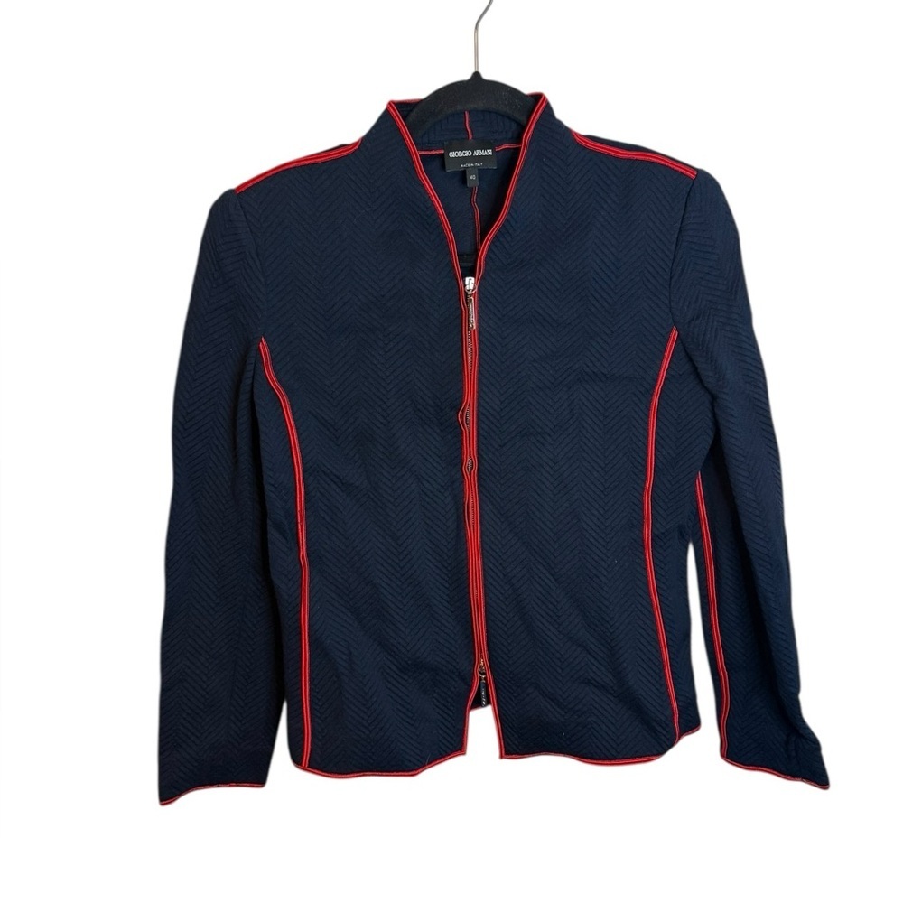 Giorgio Armani Navy Blue Jacquard Fitted Jacket